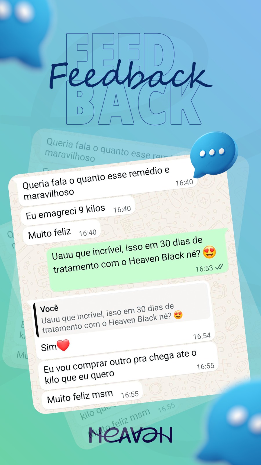 Feedback de cliente Heaven no WhatsApp: perdeu 3 quilos e está amando o resultado